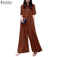 ZANZEA Women Korean Daily Round Neck Short Sleeves High Waist Wide Leg Jumpsuit