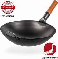 Yosukata Pre-Seasoned Carbon Steel Wok Pan - 14 &amp;ldquo Woks and Stir Fry Pans - Chinese Wok with Round Bottom Wok - Traditional Chinese Japanese Woks - Black Steel Wok