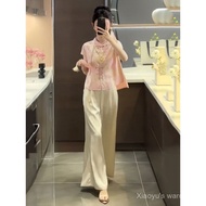 D2G Chinese Style Jacquard Suit for Women - Summer Short Sleeve Top with Wide Leg Pants - Pink