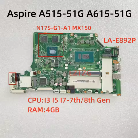 LA-E892P For ACER Aspire A515-51G A615-51G A315-53G Laptop Motherboard CPU I3 I5 I7-7th/8th Gen 4G M