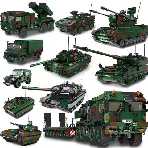DIY Germany Military Series HX-8 Elefant Tractor PZH2000 Cannon Leopard Tank Lars-2 Rocket Launcher 