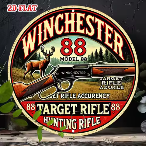 1pc Vintage Winchester 88 Rifle Metal Wall Decor - Hunting Lodge Decorations with Deer, Red & Golden