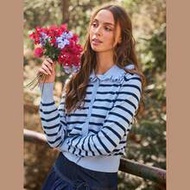 Ruffle Collar Button Front Striped Cardigan Sweater, Winter, Fall, Autumn, Cowgirl, Female Country L
