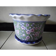 Keramik Pajangan Pot Bunga Sakura Hijau Motif Bunga Besar Shopbang384