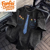 Vintage Short-Sleeved Round Neck T-Shirt Water-Washed Blue Negthai Pattern oversize Comfortable To W