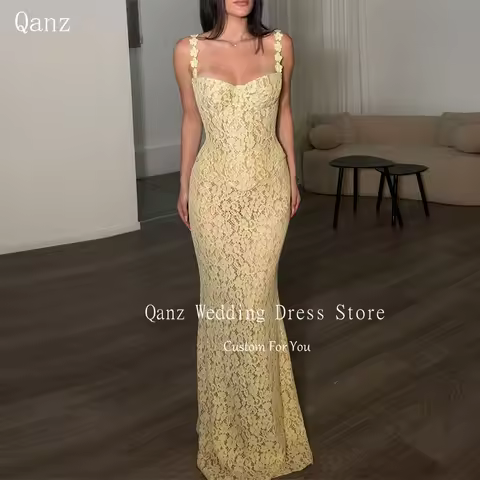 Qanz Yellow Full Lace Prom Dress Spaghetti Straps Mermaid Sweetheart Evening Dresses Woman Elegant V