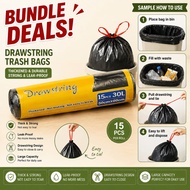 Drawstring Trash Bags 30L | Thick Garbage Bag | Leak-Proof Drawstring Bin Liner | 15PCS/Roll (50×60c