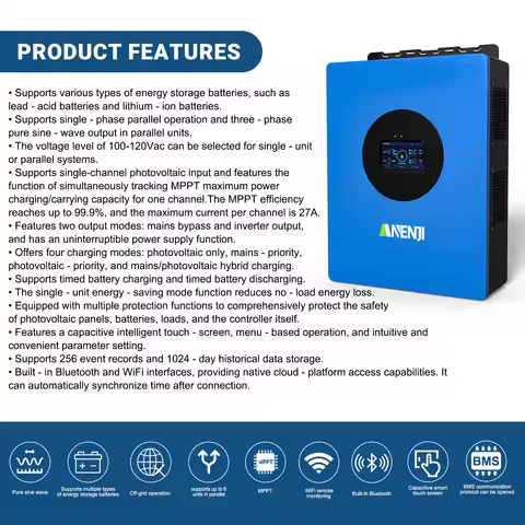 ANENJI 6KW Hybrid Solar Inverter 110V inversor solar híbrido Bluetooth MPPT Pure Sine Wave WiIFI Inv