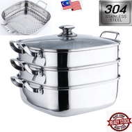 304 Stainless Steel 3Tiers Steamer 30*30cm Square Cookware Pot/Peralatan Memasak Pengukus