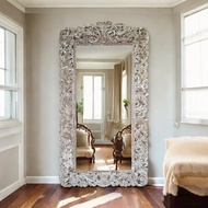 กระจกติดผนัง พิงผนัง ไม้สัก แกะสลัก ขนาดใหญ่มาก สูง 2 เมตร 107x200x2.5cm สีขัดขาว กรอบกระจก ไม้แกะสล