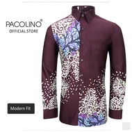 Pacolino-(Modern Fit Cutting) Maroon Color Malaysia Men Batik Long Sleeve Kemeja Batik Lelaki LenPanjang- 22623-BK0131-A