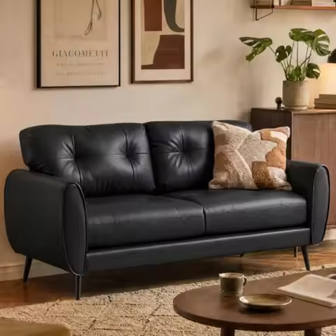 61'' Black Faux Leather Loveseat, Small Tufted Couch for Living Room | Mini Sofa, Love Seat, Comfy 2