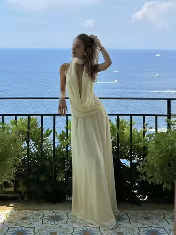 Nibber Vacation Maxi Dress Women Backless Sleeveless Folds Halter Tassel Swing Collar Summer Elegant