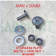 Stainless Plate Bolts Flat head + Lock Nut + Washer 6x20mm Perfect for MOTORCYCLE PLATE NUMBER