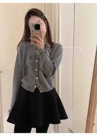 藍色蝴蝶結針織開衫外套 小香風甜美氣質短款上衣 春秋女裝- 灰色 均碼