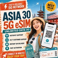 Asia 30 countries eSIM | 5G High Speed  3-30Days 500MB-20GB | Unlimited  Data | Instant Email Delive