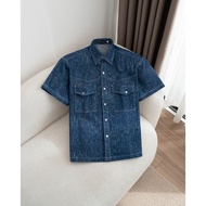 MAMO Men's Short-Sleeved Shirt Navy Blue Jeans with Vertical Scratched Wash Pattern SMTN57