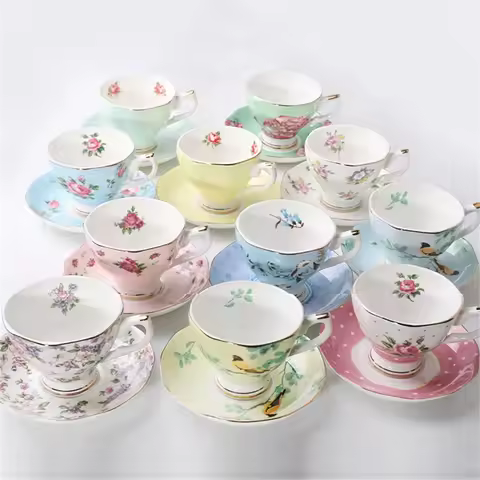 Boutique Plant Printed Bone China Cup European Handmade Phnom Penh Coffee Cup Saucer Tea Set suit Ro