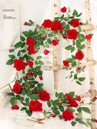 1入模擬玫瑰藤牆掛飾,假花藤繞線室內陽台裝飾花朵塑料花藤