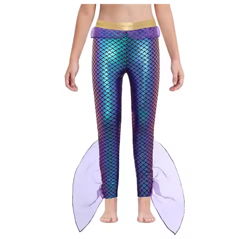 Kids Metallic Shiny Fish Scale Print Mesh Mermaid Pants Poseidon King of The Sea Costume for Hallowe