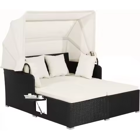 Patio Rattan Daybed, Patiojoy Wicker Daybed Lounger w/Retractable Canopy, 2 Foldable Side Panels, Th