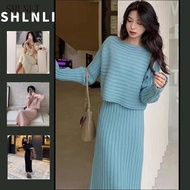 2PC/SET Autumn Winter Women's High-end Knitted Dress Two-piece Set Top+Skirt