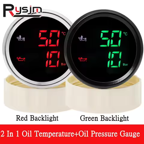 HD 2" 52mm 2 IN 1 Gauge 50~150 Celsius Oil Temperature Oil Pressure Gauge 0-10 Bar With Alarm Red/Gr