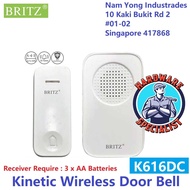 Britz K616DC Wireless Kinetic Door Bell / No Battery Require / 32 Chimes