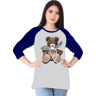 Women's 3 Sleeve T-Shirt/4 Screen Print Bear Shoelaces / T-Shirt Tops Raglan T-Shirt 3 Sleeve/4 / T-