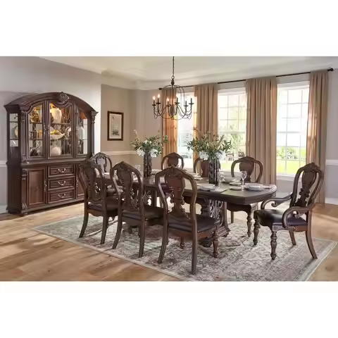 Luxurious 9-Piece Formal Dining Set, Dark Oak Finish, Table w/ Extension Leaf, 2 Armchairs & 6 Side