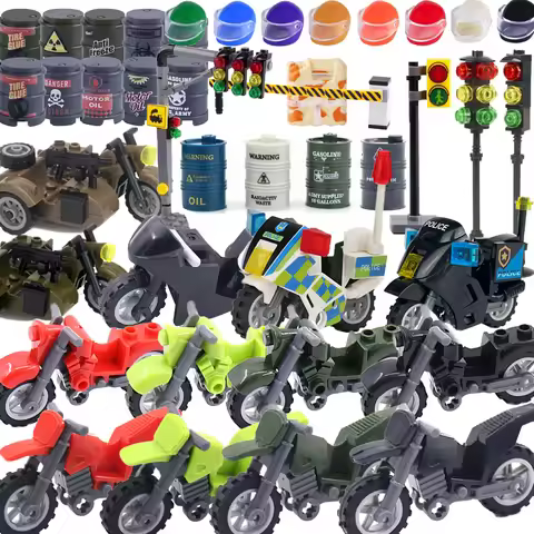MOC Military Building Blocks Off-road Motorcycle Tricycle Helmets Oil Drum Fuel City Roadblock Traff