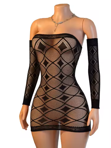 Women's Bandeau Diamond Fishnet Mini Dress with Detachable Sleeves for Private Parties (One Size Fit