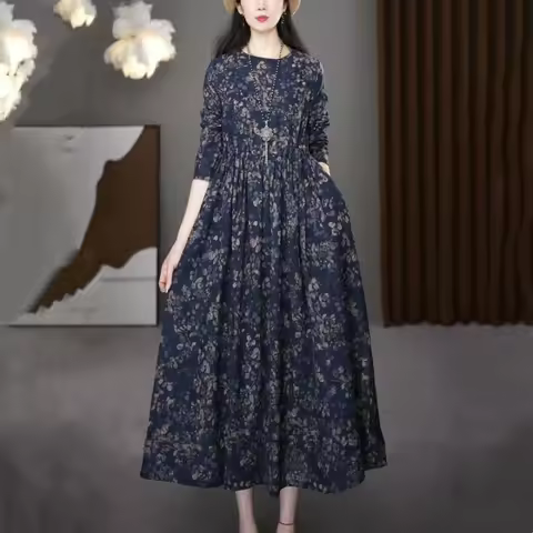 Women's Dark Blue Floral Print Long Sleeve Maxi Loose Swing Casual Long Dress