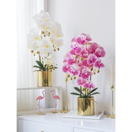Set Periuk Bunga Seramik Emas Phalaenopsis Orkid Tiruan Hiasan Bunga Palsu Ruang Tamu Meja Makan Mej