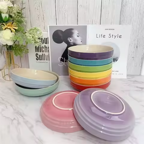 Creuset Ceramic Dinnerware Set Cute Rainbow Gradient Fruit Salad Soup Dinner Ramen Bowl Round Dish K