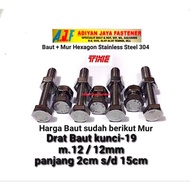 304 Stainless Hexagon Bolts & Nuts/ bolt thread 19/ M.12x1.7 (Length 2cm to 15cm)