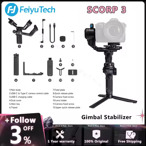 FeiyuTech Feiyu SCORP 3 Handheld Gimbal 3-Axis Stabilizer with AI Intelligent Tracking Detachable Re