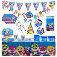 New Baby-Shark Birthday Party Deco Paper Cup Plate Tablecloth Flag Hats Blower Gift