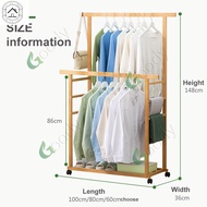 Portable Bamboo Clothes Rack with Double Pole, Wheels, Trouser Rack, and Multifunctional Clothes Han