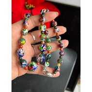 Classic floral ceramic necklace mixed with jade and jade, 9 to 14.5 mm long, 46 cm long, siliver925 