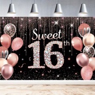 1pc "Happy Birthday" Backdrop Banner, Black/Silver/Rose Gold, Party Decorations For 16th 21st 40th 5