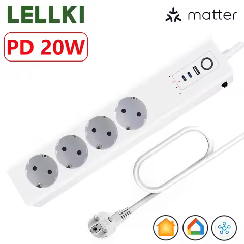 LELLKI Matter Smart Power Strip USB-C 20W Plug Google Home Timer Outlet 16A 220V EU Socket SmartThin