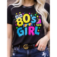 Women's Vintage 80s T-Shirt with Cassette Tape, Roller Skates, Fashion Glasses & Star Print - 80's R
