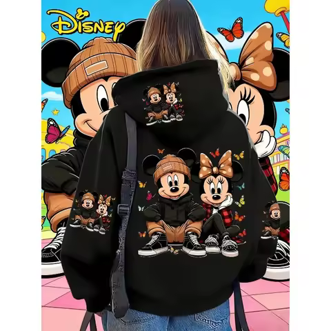 Unisex Disney Cotton Fleece Hoodie Black Color with Mickey Minnie Sitting Pose and Colorful Butterfl