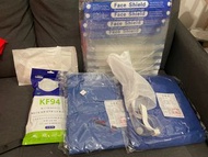 Face mask 口罩, face shield 面罩, eye googles 護目鏡, 防護衣