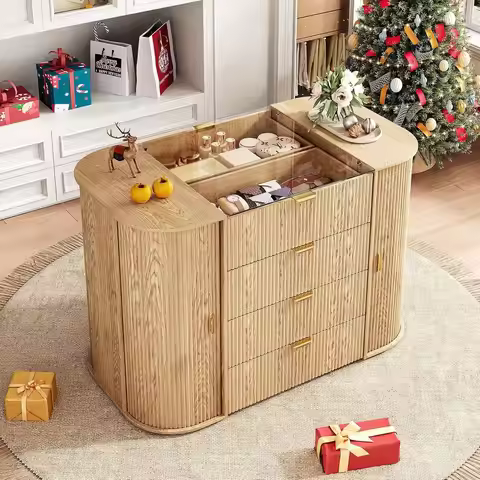 8-Drawer Island Wardrobe with Large Storage, Glass-Top Bedroom Armoire, Natural Freestanding Closet