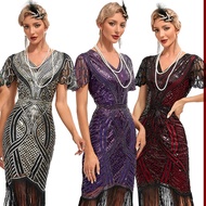 Women 1920s Vintage Flapper Dress Long Fringed Sequin V-Neck Gatsby Dresses for Roaring 20s Cocktail