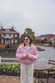 (พร้อมส่ง) Puffer Jacket แจ็คเก็ตบุพอง คอตั้ง ลายตาราง สีชมพู น่ารักมากกก