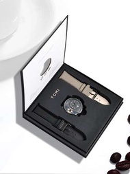 Tomi石英男士旋轉齒輪秒針手錶，配可更換錶帶的禮盒，適用於日常和假日場合，適合父親