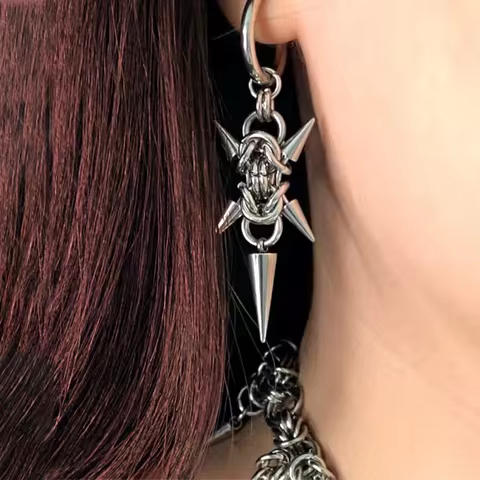 Punk Stainless Steel Piercing Curved Spike Earrings for Women Goth Grunge Aesthetic Chainmail Cross 